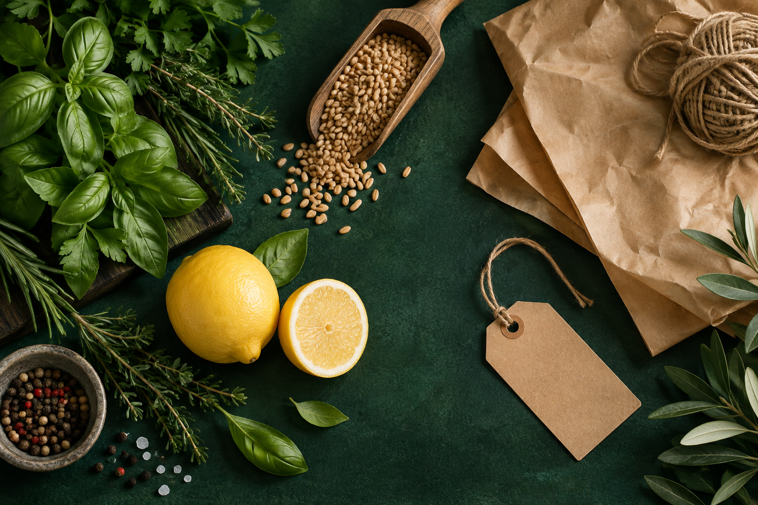 Fresh herbs and food supply materials on a workbench