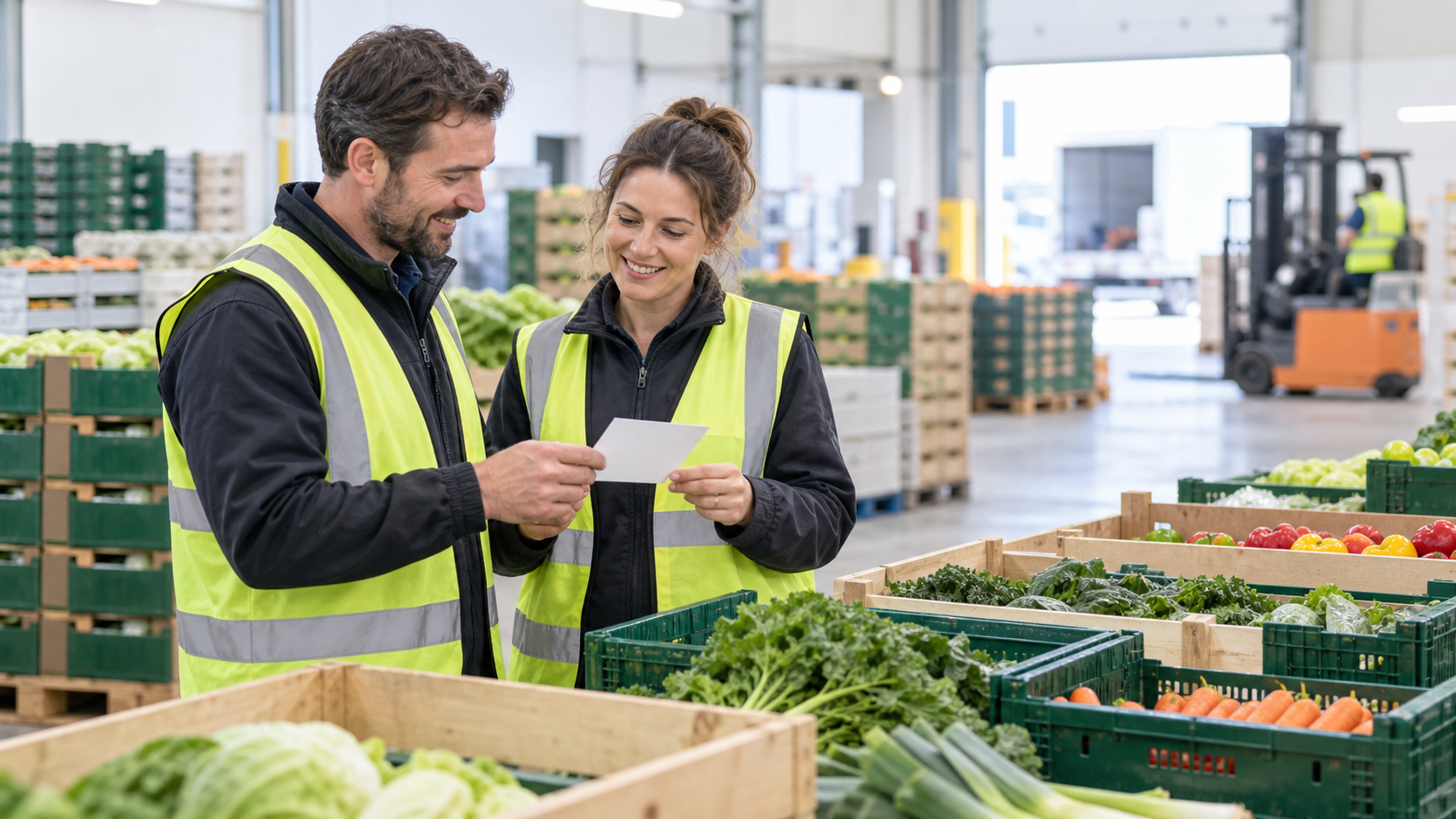 Food supply team reviewing produce crates in a warehouse